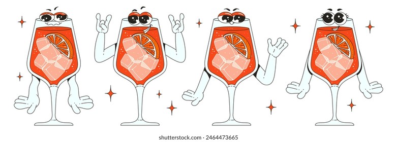 Set retro personajes groovy beben aperol spritz. Personajes divertidos con diferentes poses y emociones. Diseño de Antiguas con un toque contemporáneo.