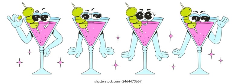 Set Retro-groovige Charaktere trinken Martini. Funky Charaktere mit verschiedenen Posen und Emotionen. Klassisches Design mit zeitgenössischem Touch.