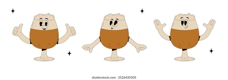 Establecer personajes groovy retro. Vaso de vino de cerveza de alcohol funky con diferentes emociones y poses. Antiguas Ilustración vectorial 70s, 80s estilo