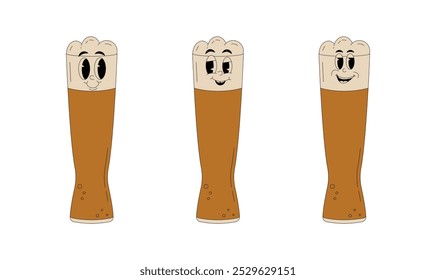 Set retro groovy characters. Funky alcohol beer wine glass with different emotions. Vintage vector illustration 60s, 70s style
