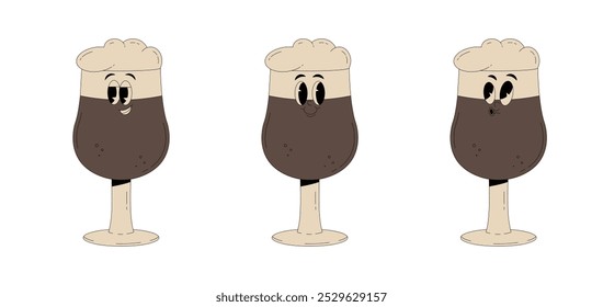 Set retro groovy characters. Funky alcohol beer wine glass with different emotions. Vintage vector illustration 80s style