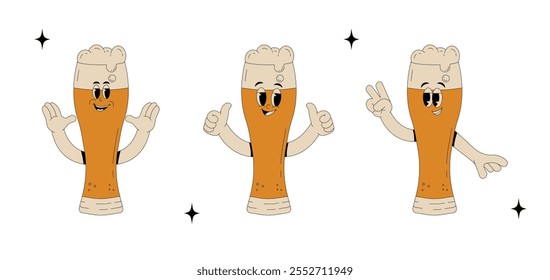 Set retro groovy characters. Funky alcohol beer wine glass with different emotions. Vintage vector illustration 70s style