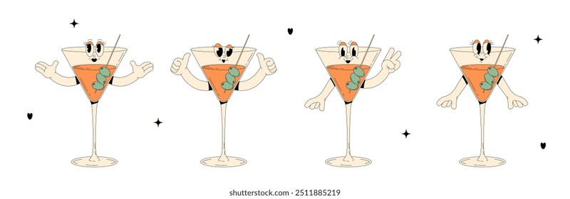 Set retro groovy characters summer cocktail. Funky alcohol beverage martini with different poses and emotions. Vintage vector illustration 70s, 80s style