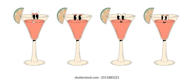 Set retro groovy characters summer cocktail. Funky alcohol beverage cosmopolitan with different emotions. Vintage vector illustration 70s, 80s style