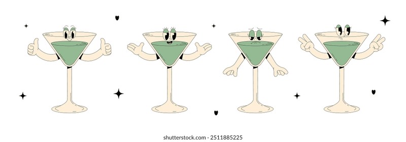 Set retro groovy characters summer cocktail. Funky alcohol beverage Apple Martini with different poses and emotions. Vintage vector illustration 70s, 80s style