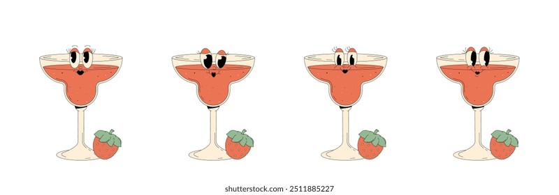 Definir retro groovy personagens coquetel de verão. Margarita de morango de bebida alcoólica funky com emoções diferentes. Ilustração vetor vintage estilo 70s, 80s