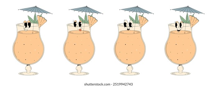 Set retro groovy characters summer cocktail. Funky alcohol beverage pina colada with different emotions. Vintage vector illustration 70s, 80s style