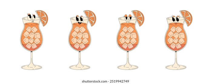Conjunto de personajes retro groovy cóctel de verano. Bebida de alcohol funky sexo en la playa con diferentes emociones. Antiguas Ilustración vectorial 70s, 80s estilo