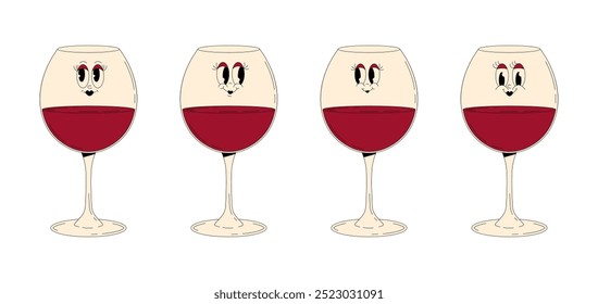 Set retro groovy characters summer cocktail. Funky alcohol beverage red wine glass with different emotions. Vintage vector illustration 70s, 80s style