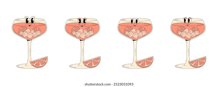 Set retro groovy characters summer cocktail. Funky alcohol beverage pink grapefruit spritz with different emotions. Vintage vector illustration 70s, 80s style