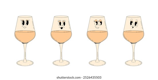 Conjunto de personajes retro groovy cóctel de verano. Bebida de alcohol funky copa de vino blanco con diferentes emociones. Ilustración vectorial de Antiguas