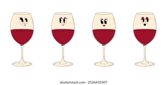 Set retro groovy characters summer cocktail. Funky alcohol beverage red wine glass with different emotions. Vintage vector illustration