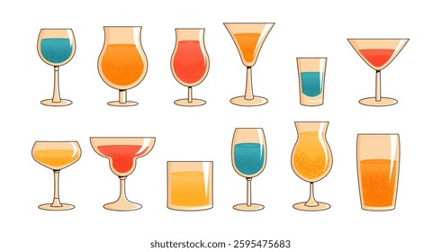 Set retro groovy cocktails. Summer alcoholic or nonalcoholic drink in glasses. Vintage vector illustration 60s, 70s style on white background for pub, bar, cafe, restaurant
