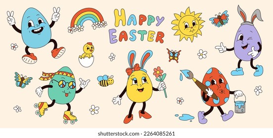 Set retro groovy easter eggs characters in trendy cartoon 60s 70s style. Old classic cartoon style. Flat vector hand drawn illustration.