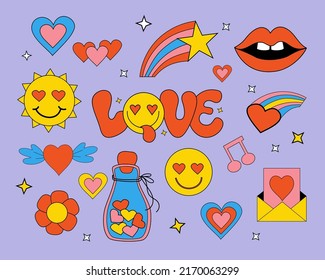 Set of retro groovy elements, cute funky hippy, love stickers. Cute lettering Love in groovy style. Positive Retro Hand written with in playful face. Vector clipart 60s, 70s, 80s, 90s vibes elements.