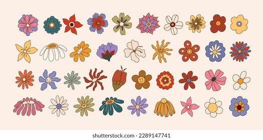 Set of retro groovy flowers daisy with happy smiles. Hippie 60s, 70s, 80s style floral botanical. Vector illustration in trippy cartoon hand drawn style