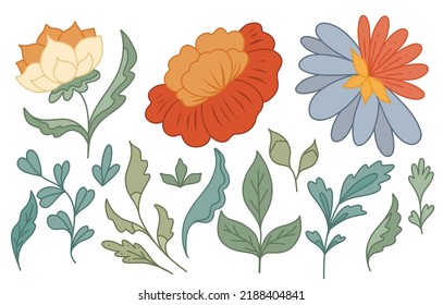 Set of retro groovy flowers, stems and foliage. Vector hippie clipart with different flowers and leaves isolated from background. Floral retro image for stickers and scrapbooking