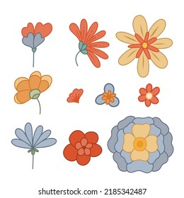 Set of retro groovy flowers. Vector hippie clipart with different flowers isolated from background. Floral retro image for stickers and scrapbooking