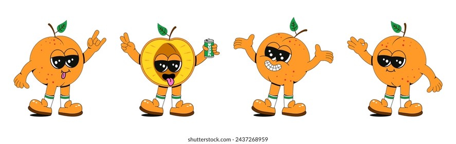 Set retro groovy fruit characters. Hand drawn doodles of apricot comic mascots. Modern illustration with cute comics characters. Set in modern retro vibes.
