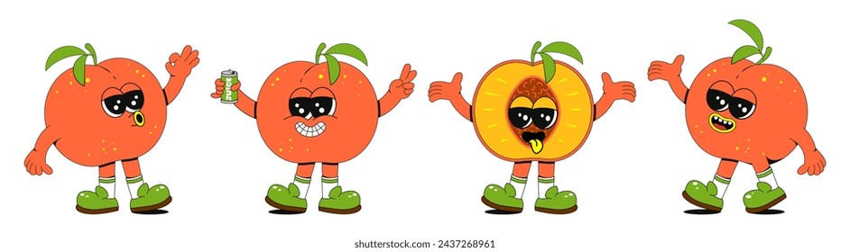 Set retro groovy fruit characters. Hand drawn doodles of peach comic mascots. Modern illustration with cute comics characters. Set in modern retro vibes.