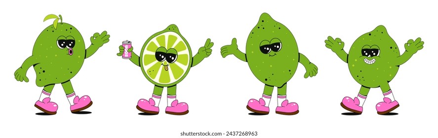 Set retro groovy fruit characters. Hand drawn doodles of lime comic mascots. Modern illustration with cute comics characters. Set in modern retro vibes.