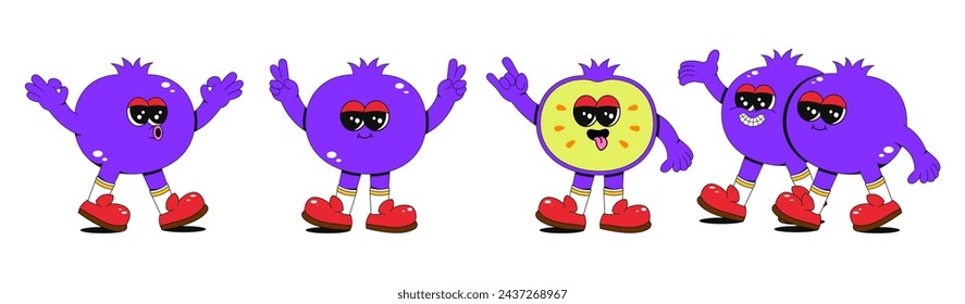 Set retro groovy fruit characters. Hand drawn doodles of blueberry comic mascots. Modern illustration with cute comics characters. Set in modern retro vibes.