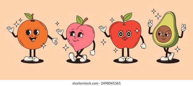 Set of retro groovy fruit characters. Orange, apple, peach, avocado. Vector flat illustration.