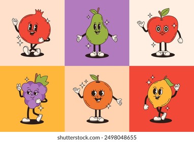 Conjunto de personajes frutales groovy retro. Granada, uvas, pera, naranja, manzana, limón. Ilustración plana de Vector.