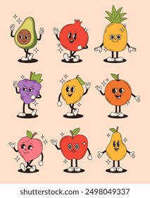 Set of retro groovy fruit characters. Pomegranate, grapes, pear, orange, apple, lemon, avocado, peach, pineapple. Vector flat illustration.