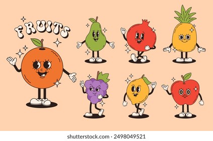 Set of retro groovy fruit characters. Pomegranate, grapes, pear, orange, apple, lemon, peach, pineapple. Vector flat illustration.