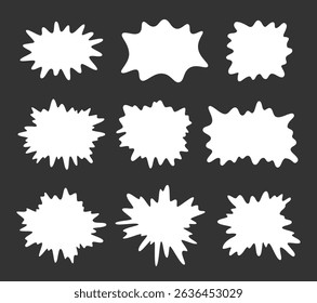 Set of retro groovy hand drawn wavy smooth monochrome white paint spot, blot, splash, explosion. Isolated on black background frame, sticker, text box for inscription sale, new. Flat vector EPS10