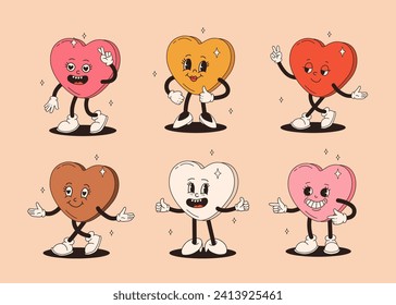 Set of retro groovy heart characters. Trendy hippie emoji with different emotions. Romantic love mascot stickers for valentine day. Cartoon flat vector illustrations isolated on beige background