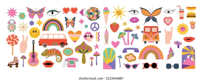 Set of retro groovy hippie psychedelic elements. Good vibes. Retro aesthetic. Y2k. Abstract icons and stickers design.