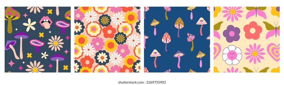 Set of retro groovy hippie seamless patterns, Y2k, 1970 good vibes, trippy. Mushrooms and groovy flowers. Vector illustration.