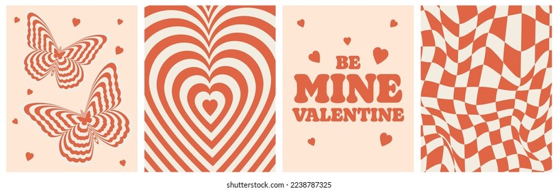 Set retro groovy lovely backgrounds in trendy 70s style. Happy Valentines day greeting card. Be mine valentine.
