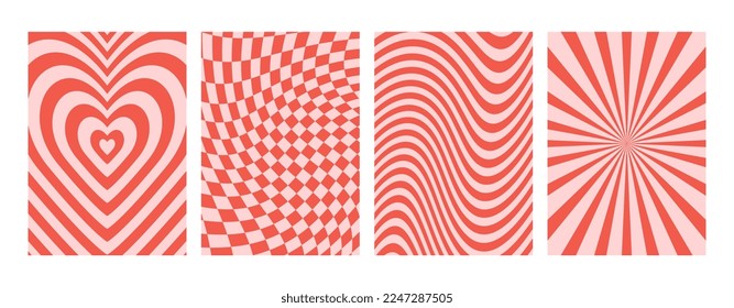 Set retro groovy lovely backgrounds. Love concept. Happy Valentines day greeting card, print. Fun abstract background in trendy retro 60s 70s cartoon style. 