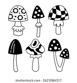 Set with retro groovy mushrooms doodle, isolated cartoon seasonal objects. Black and white hand drawn vector illustration in flat style.