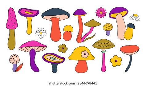 Set of retro groovy mushrooms, fungus. Psychedelic vintage stickers. Retro revival. Good vibes. Fall, autumn. Great for icons, logos, emblems, collages. 