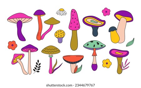 Set of retro groovy mushrooms. Psychedelic vintage concept. 60s-70s retro revival. Good vibes. Fall, autumn. Great for stickers, icons, logos, emblems, collages. Isolated on white background.