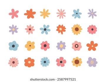 Set of retro groovy pastel flower vectors flat design transparent clipart