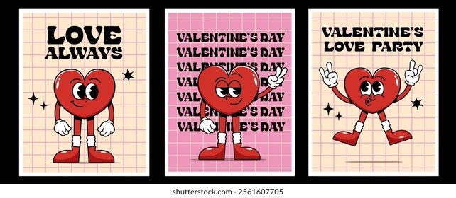 Set retro groovy poster with heart Love concept Happy Valentines Day Trendy retro 60s 70s style