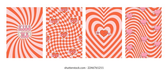 Set retro groovy posters with lovely hearts . Love concept. Happy Valentines day greeting card, print. Funky abstract background in trendy retro 60s 70s cartoon style. 