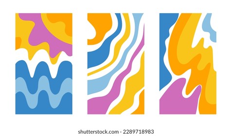Set of retro groovy prints 60s-70s. Summer abstract social media stories. Sea waves and sun, abstract shapes and waves, marine strange psychedelic backgrounds