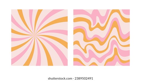 Set of retro groovy prints. Backgrounds in trendy trippy style. Twisted and distorted vector texture in psychedelic style. Abstract poster with distortion. Minimalistic yellow and pink art design.