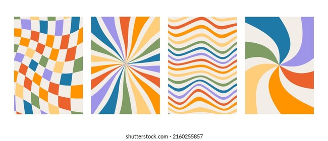 Set von Retro-Groovy Drucke mit Regenbogenfarben. Schachtelter Hintergrund mit verzerrten Quadraten. Abstraktes Poster mit Verzerrung. geometrische psychedelische Platine der 70er Jahre. Minimalistisches altmodisches Kunstdesign.