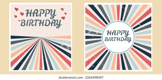 Set of Retro groovy rainbow print on happy birthday gretting card. Birthday invitations in retro style. Vector illustration.
