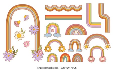 Set of Retro groovy rainbows with flowers. Funky illustration in vintage hippy style.