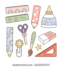 Set with retro groovy school supplies clipart, school stationary, retro school, back to school, hand drawn vector illustration in flat style	