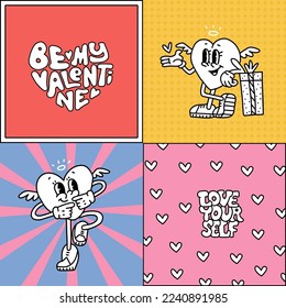 Set of retro groovy square posters with heart characters and abstract background, lettering quotes. Happy Valentines Day collection. Groovy heart. Love yourself. Trendy 70s retro cartoon style. Vector