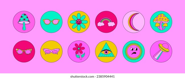 Set of retro groovy stickers with bright colors. Mushrooms, moon, UFO, eyes , sunglasses and more . 70s-inspired vector graphics .